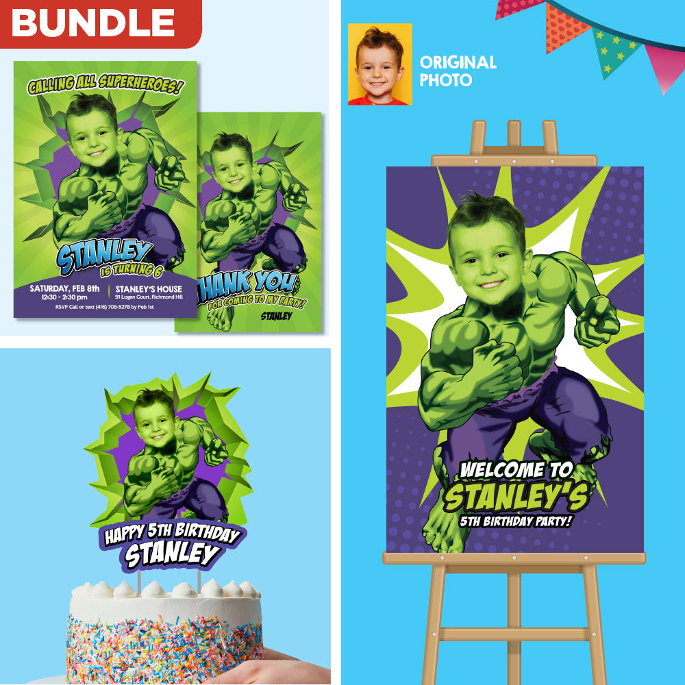 Customized Hulk Party Bundle with birthday kid as the star: Invitation, Thanks, Cake, Welcome. 089B2B