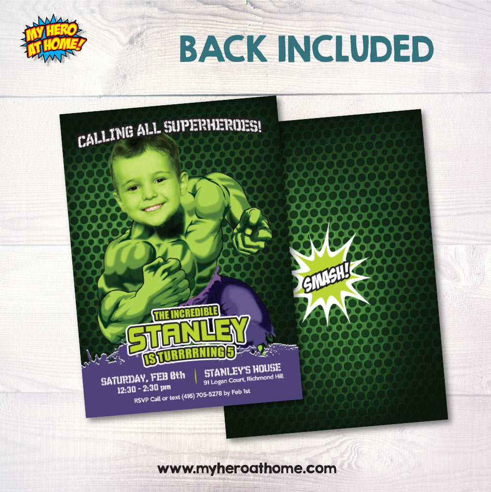 Hulk Birthday Invitation with your photo, Hulk Digital Invitation, Hulk photo Invitation, Invitacion de Hulk. 089