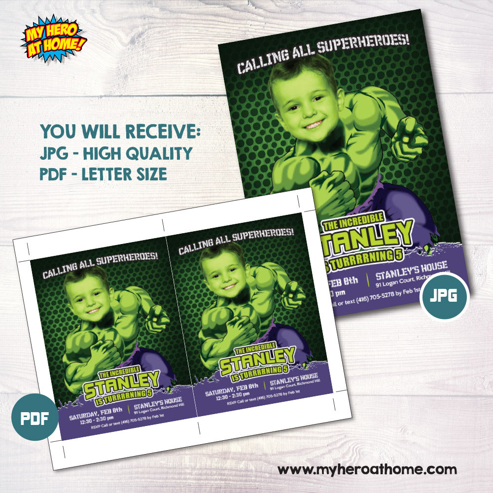 Hulk Birthday Invitation with your photo, Hulk Digital Invitation, Hulk photo Invitation, Invitacion de Hulk. 089