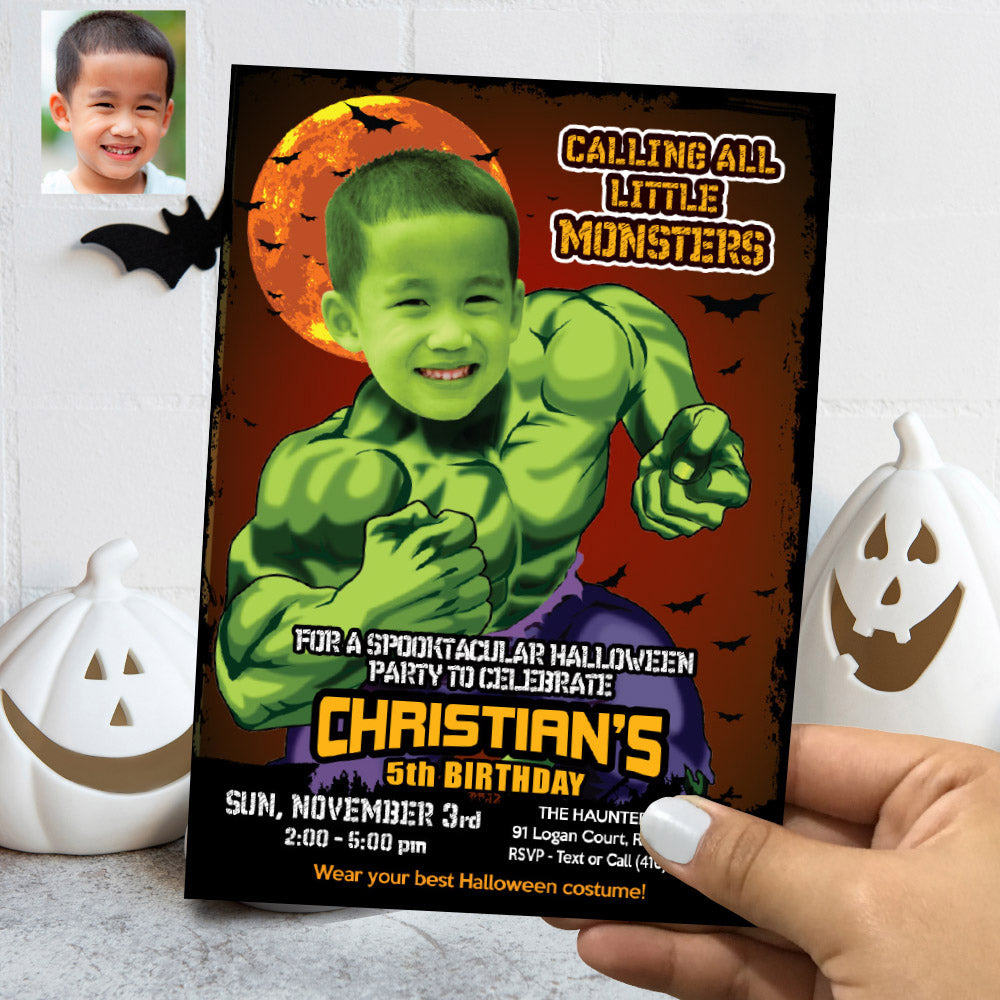 Hulk Halloween Invitation with your kid as Hulk, Hulk Halloween birthday, Halloween Hulk thank you tags, Hulk Spooky party. 091B