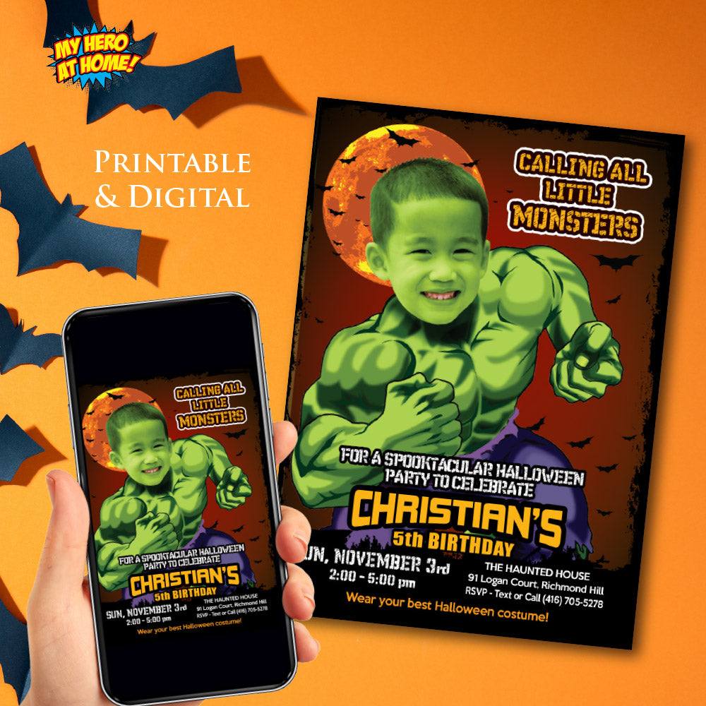 Hulk Halloween Invitation with your kid as Hulk, Hulk Halloween birthday, Halloween Hulk thank you tags, Hulk Spooky party. 091B