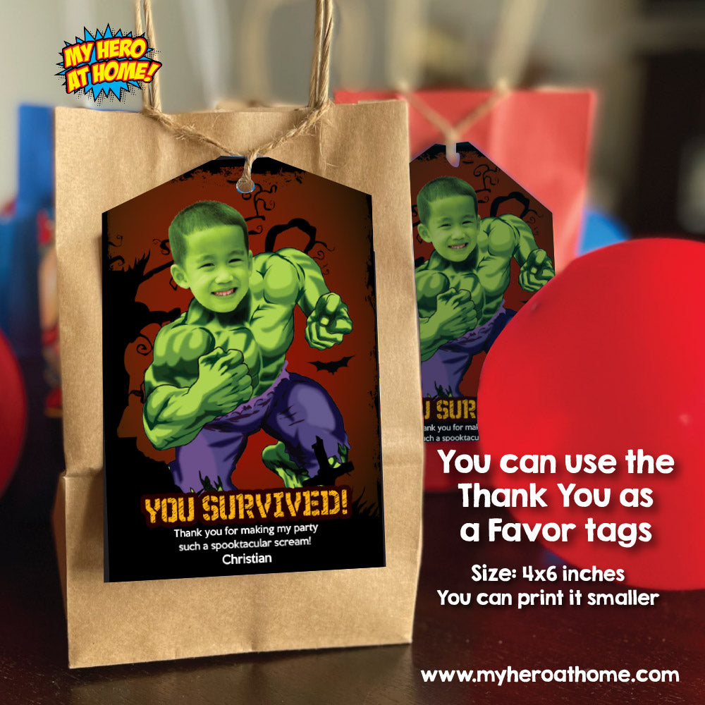Hulk Halloween Invitation with your kid as Hulk, Hulk Halloween birthday, Halloween Hulk thank you tags, Hulk Spooky party. 091B