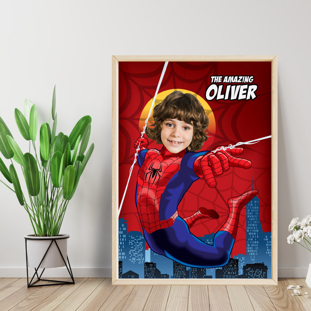 Custom Spiderman Poster with your kid as his favorite superhero, Spider-Man Wall Decoration with photo. 101PG
