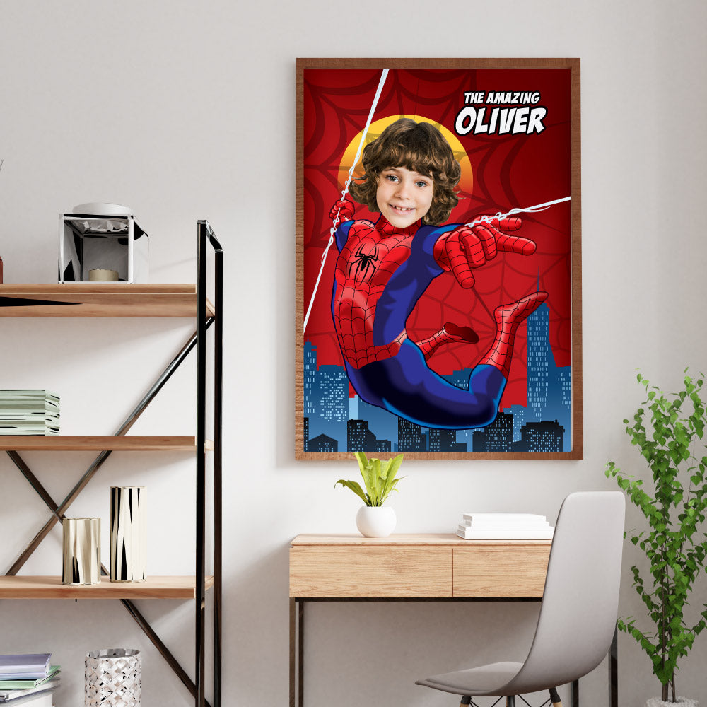Custom Spiderman Poster with your kid as his favorite superhero, Spider-Man Wall Decoration with photo. 101PG