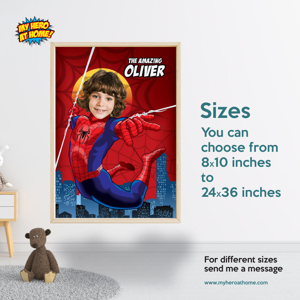 Custom Spiderman Poster with your kid as his favorite superhero, Spider-Man Wall Decoration with photo. 101PG