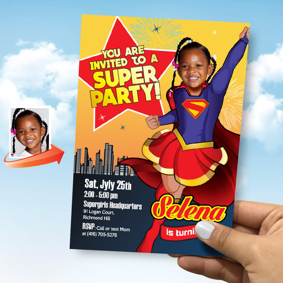 Supergirl photo Invitation, Supergirl Birthday Invitation with your girl as the star. 113IN