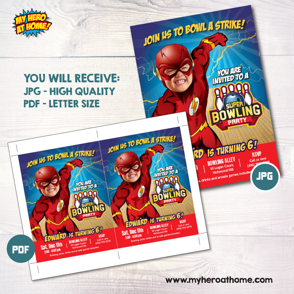Flash Bowling Party Invitation with your kid as the fastest superhero, Flash theme bowling Party, Superheroes Let’s Bowl. 149BIN