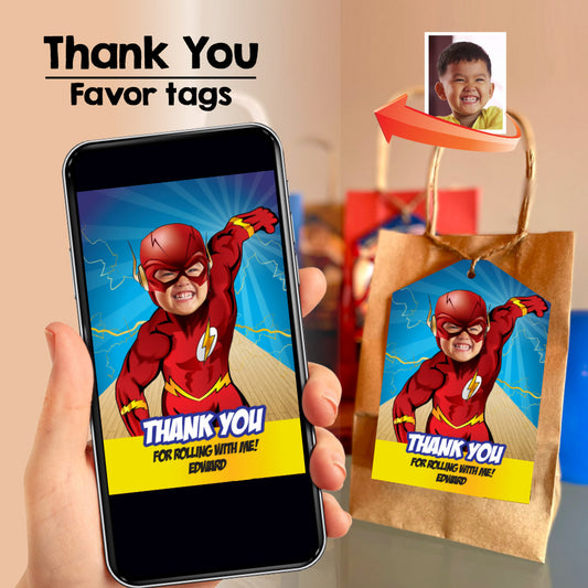 Flash Thank you for rolling with me card with your kid as Flash, Flash Bowling Favor tags, Flash Bowling party thanks. 149BTY