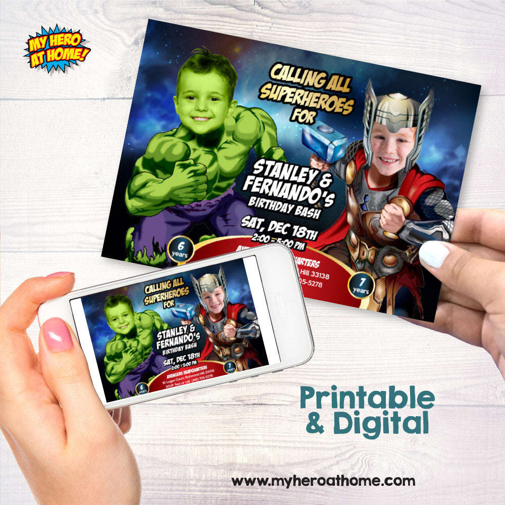 Joint Thor and Hulk Birthday Invitation with kids as their favorite Avengers. 156IN