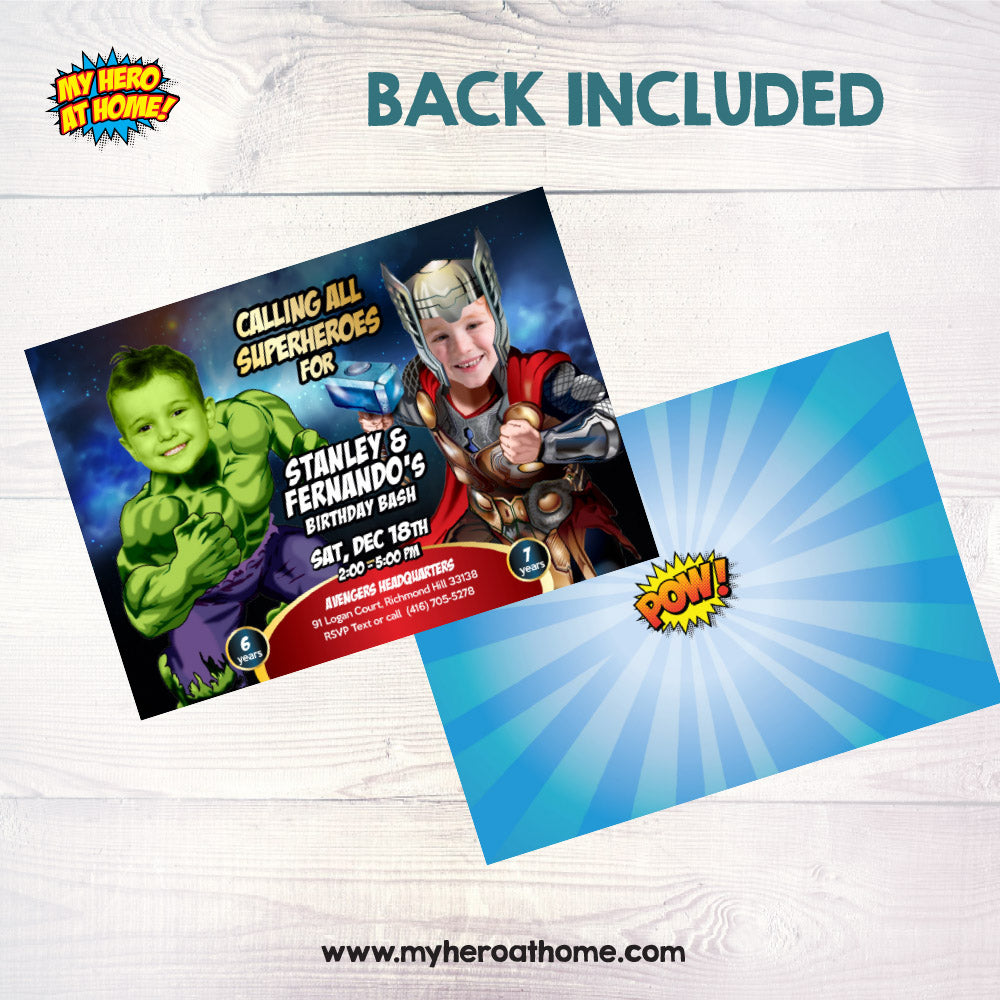 Joint Thor and Hulk Birthday Invitation with kids as their favorite Avengers. 156IN