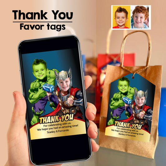 Joint Thor and Hulk thank you with your photos, Twins Avengers favor tags, Printable in 3 sizes. 156TY