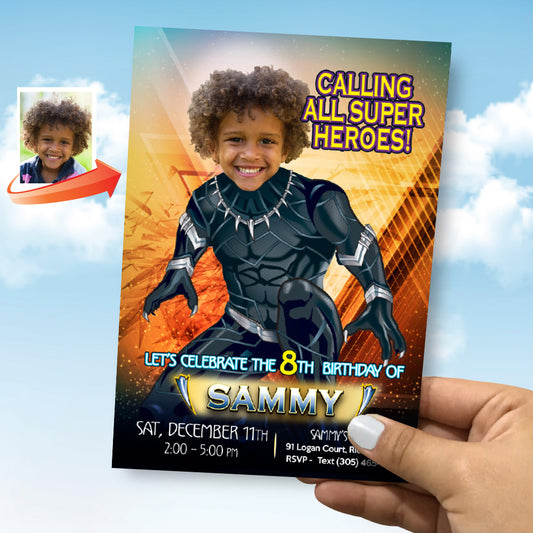 Personalized Black Panther Party Invitation, Invitacion Fiesta Pantera Negra con foto de niño como protagonista. 160IN