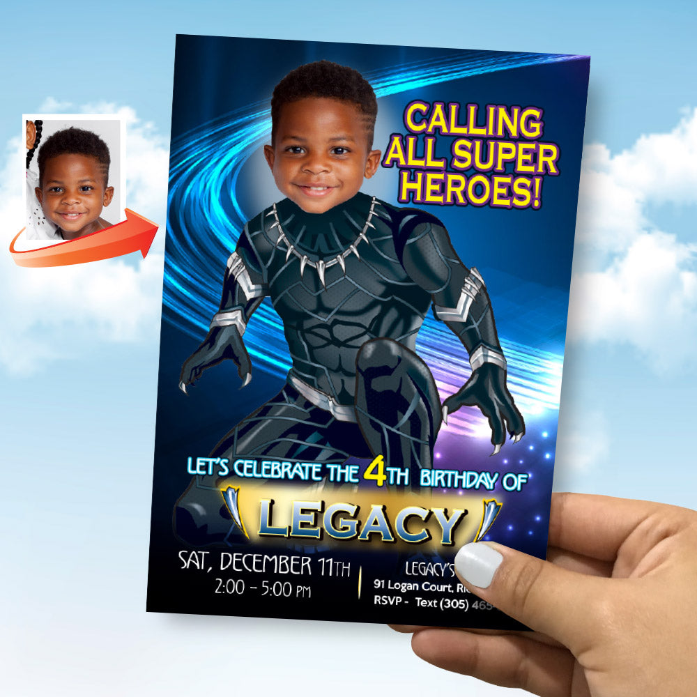 Black Panther birthday party Invitation with your kid as the Black Panther. 161IN