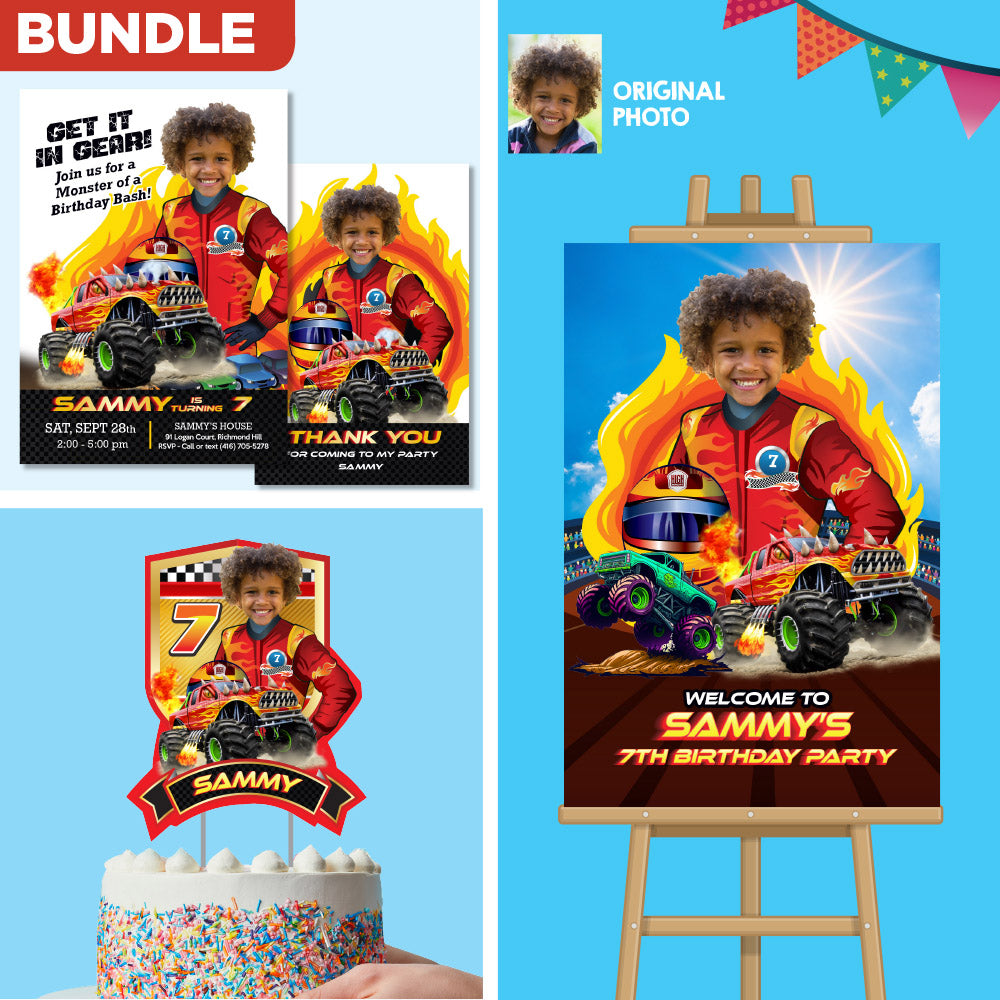 Personalized Monster Truck Birthday Party Bundle with kid as star, Invitation, Cake, Welcome. 2000B2