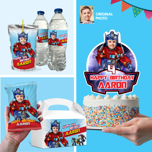 Bundle Optimus Prime BirthdayParty table: Transformers Cake Topper, snacks labels, Chip bags, Candy box, Drink labels. 2025B1