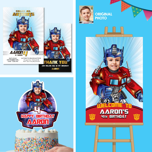 Bundle Optimus Prime Birthday with your kid as the star: Invitation and Thank you, printable Cake Topper, Welcome Sign. 2025B2