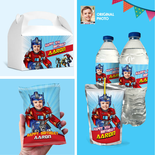 Bundle Optimus Prime snacks labels with photo: Transformers water wrappers and capri sun labels, Potato Chip bags, Gable box. 2025B3