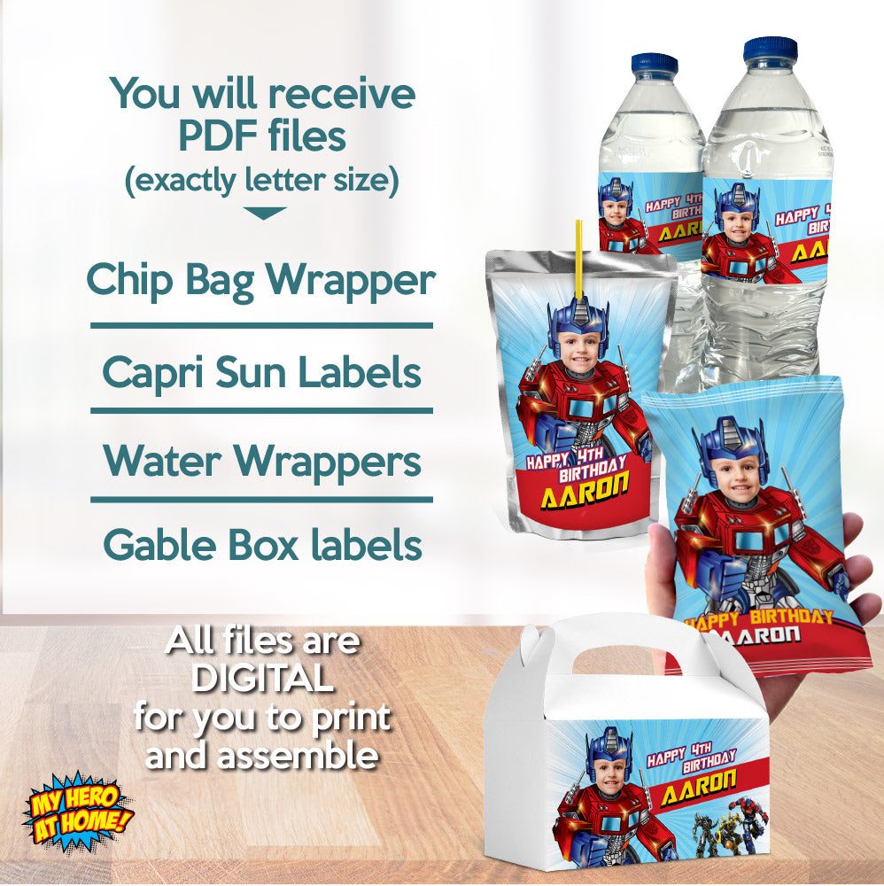 Bundle Optimus Prime snacks labels with photo: Transformers water wrappers and capri sun labels, Potato Chip bags, Gable box. 2025B3