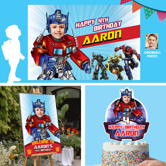 Bundle Optimus Prime Party decoration, Transformers Optimus: Banner Backdrop, Cake Topper and  Welcome Sign. 2025B4