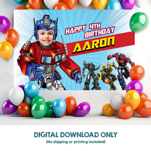 Optimus Prime Banner with photo, Custom Optimus Prime Birthday Backdrop, Transformers party Backdrop. 2025BB