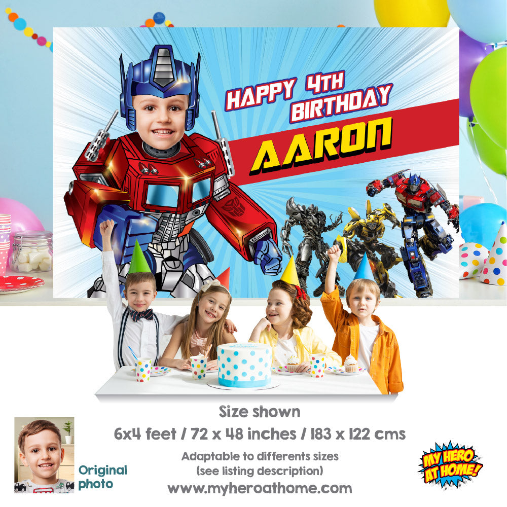 Optimus Prime Banner with photo, Custom Optimus Prime Birthday Backdrop, Transformers party Backdrop. 2025BB