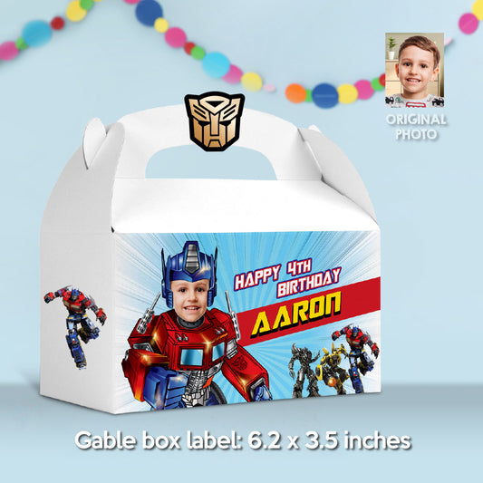 Optimus Prime Gable Box label with photo, Optimus Transformers Gable Box, Autobots Candy Box Party favors. 2025GB
