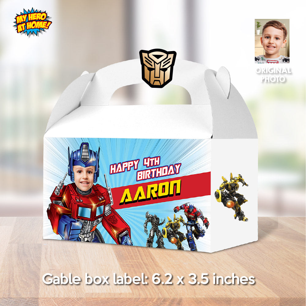 Optimus Prime Gable Box label with photo, Optimus Transformers Gable Box, Autobots Candy Box Party favors. 2025GB