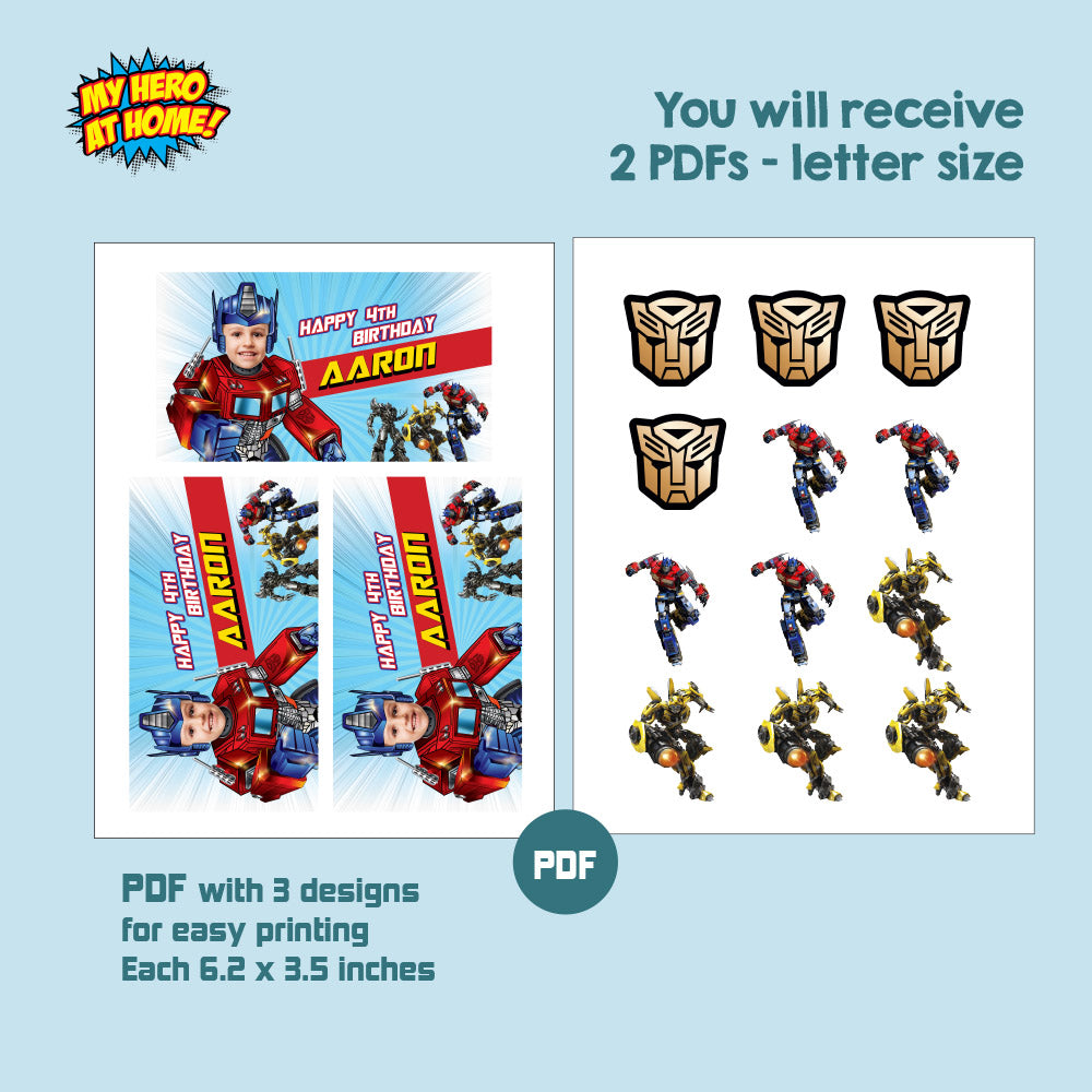 Bundle Optimus Prime BirthdayParty table: Transformers Cake Topper, snacks labels, Chip bags, Candy box, Drink labels. 2025B1