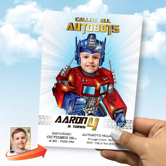 Transformers Optimus Prime Birthday Invitation with photo, Optimus Prime party flyer, Autobots party template. 2025IN