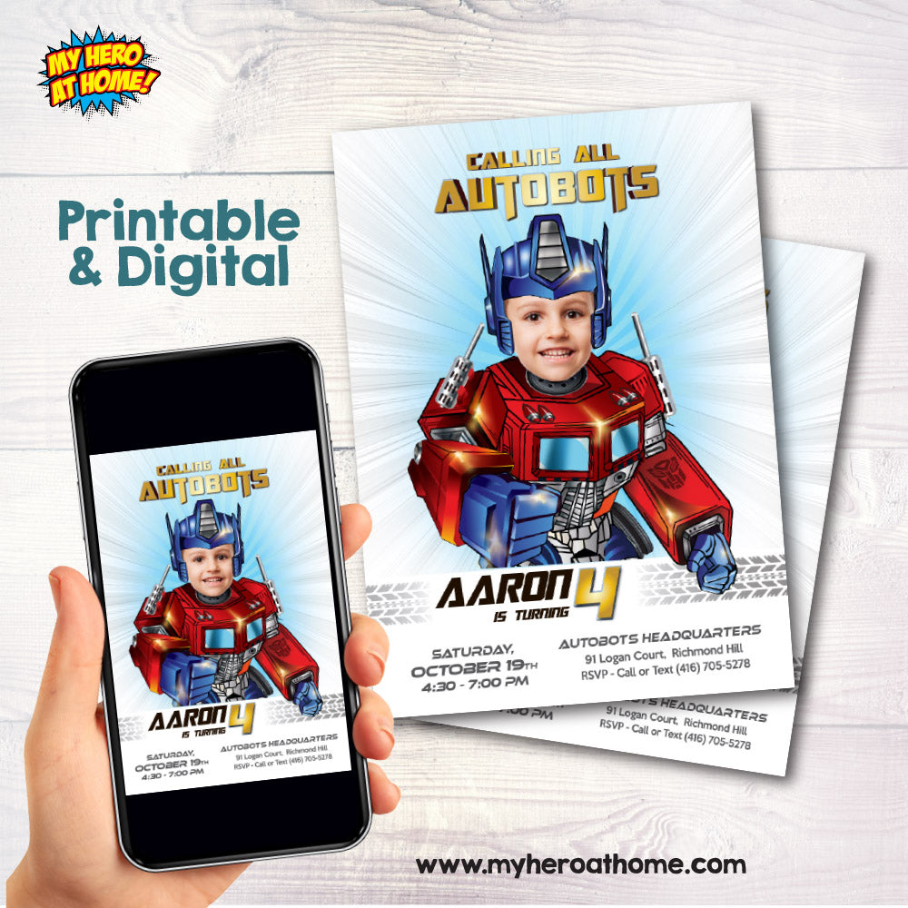 Transformers Optimus Prime Birthday Invitation with photo, Optimus Prime party flyer, Autobots party template. 2025IN