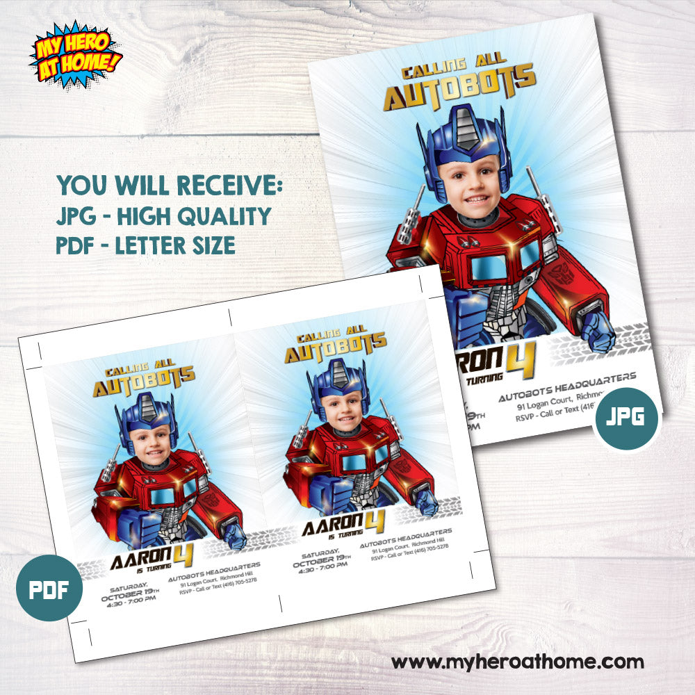 Transformers Optimus Prime Birthday Invitation with photo, Optimus Prime party flyer, Autobots party template. 2025IN