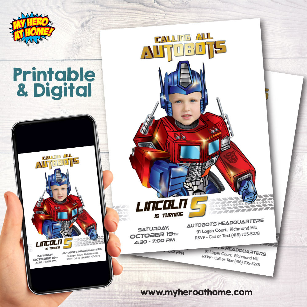 Optimus Prime Birthday Party Invitation with photo, Optimus Prime Digital Invite. 2025IN2