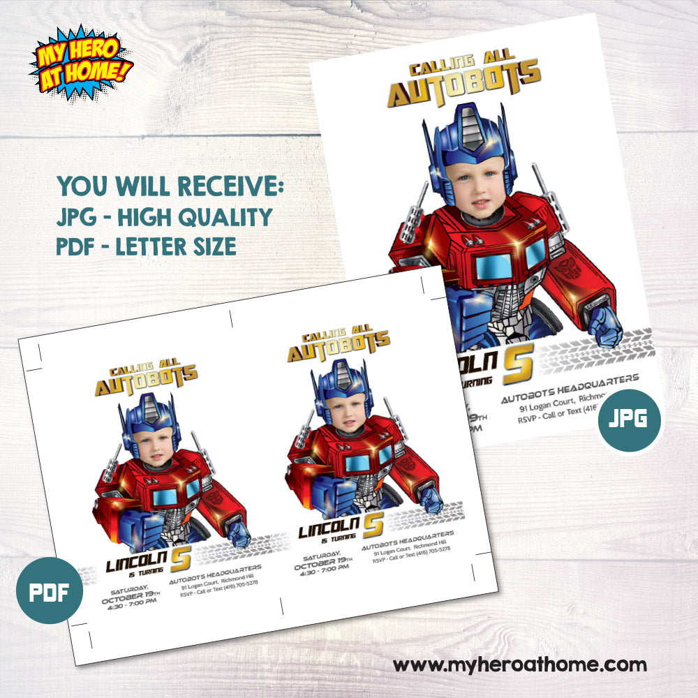 Optimus Prime Birthday Party Invitation with photo, Optimus Prime Digital Invite. 2025IN2