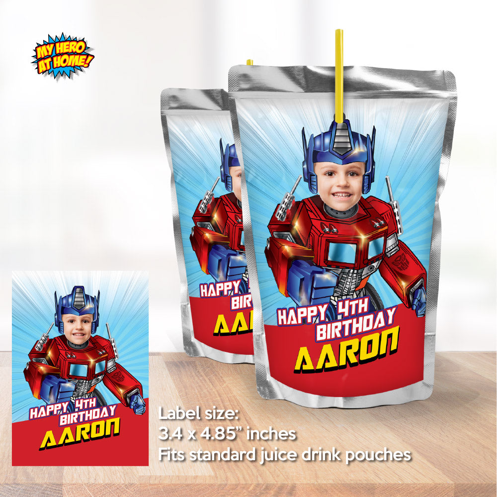 Optimus Prime water labels, Optimus Prime Capri sun labels, Transformers drink party labels. 2025WJ