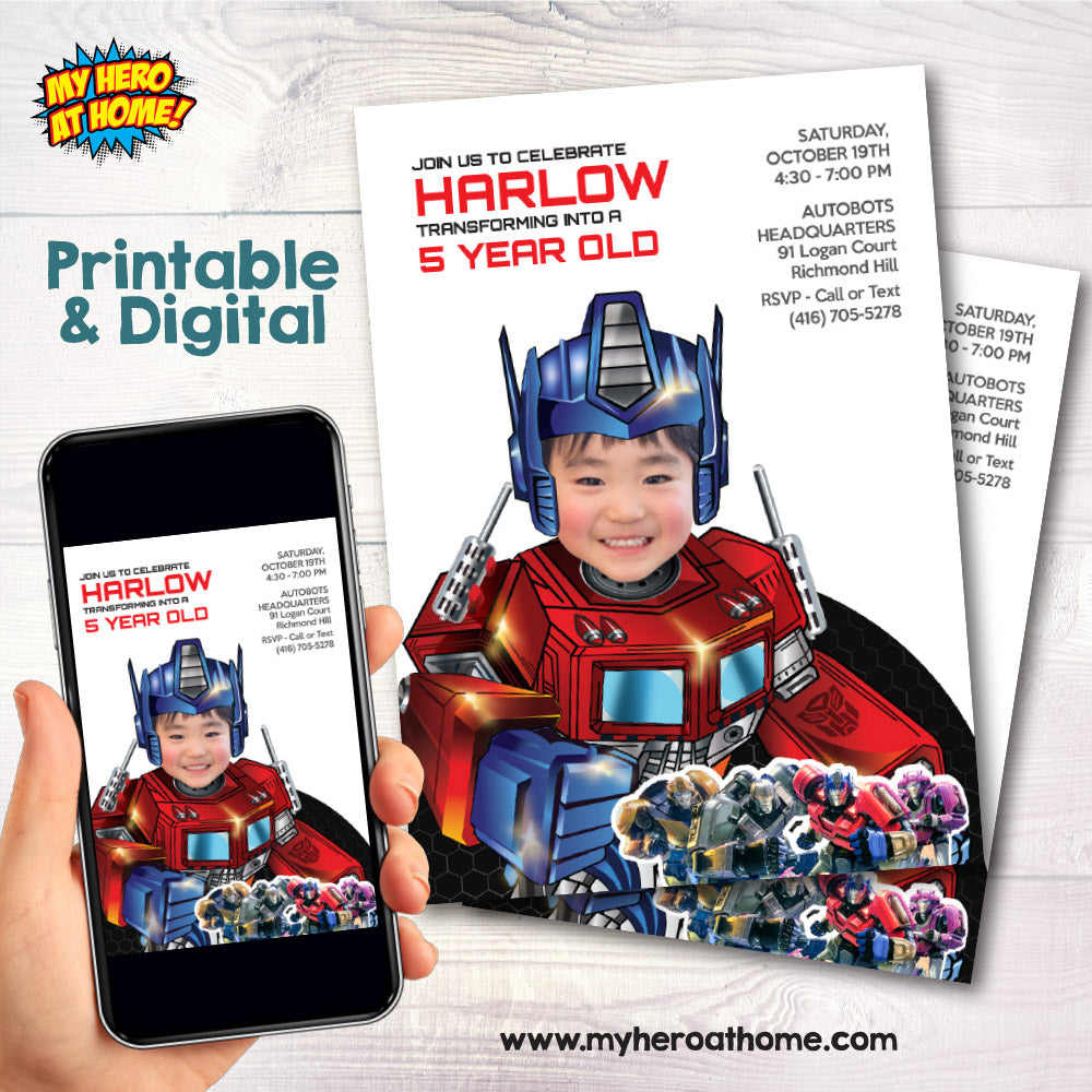 Optimus Prime template with photo, Optimus Prime Birthday evite, Optimus Prime party digital. 2030