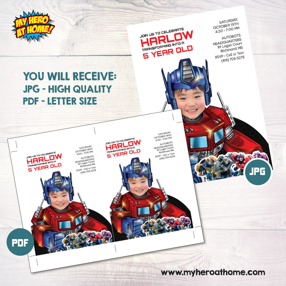 Optimus Prime template with photo, Optimus Prime Birthday evite, Optimus Prime party digital. 2030
