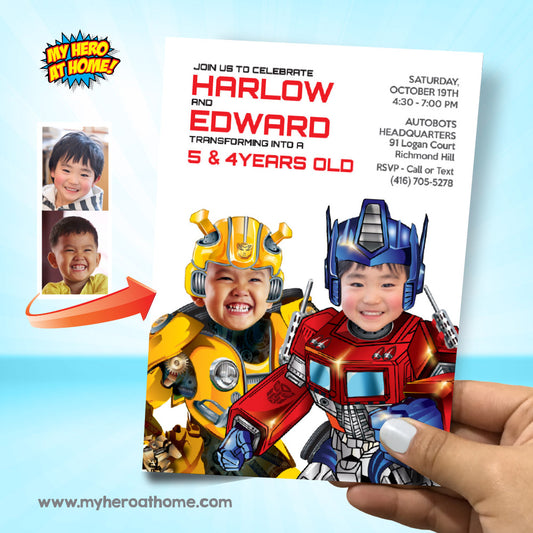Siblings Transformers Birthday Party Invitation with photos, Autobots siblings invite, Transformers Twins. 2031