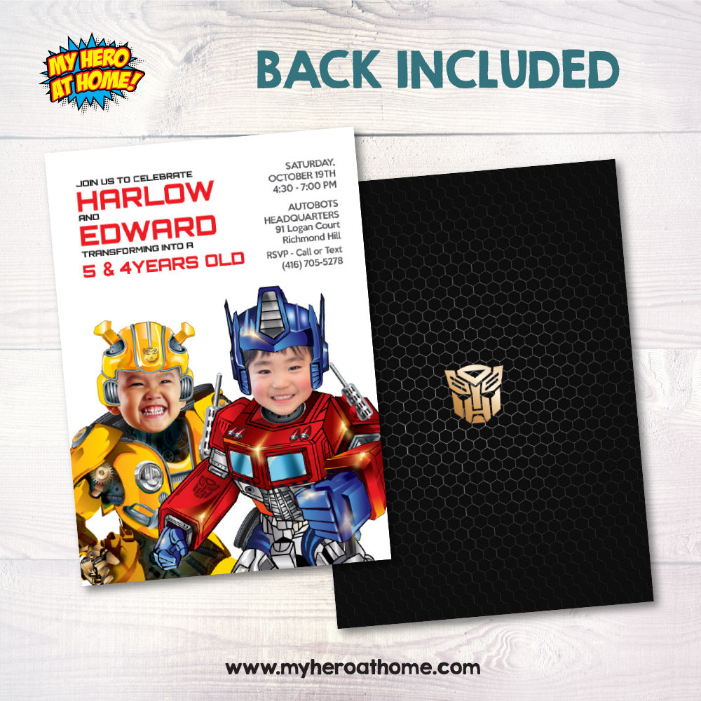 Siblings Transformers Birthday Party Invitation with photos, Autobots siblings invite, Transformers Twins. 2031