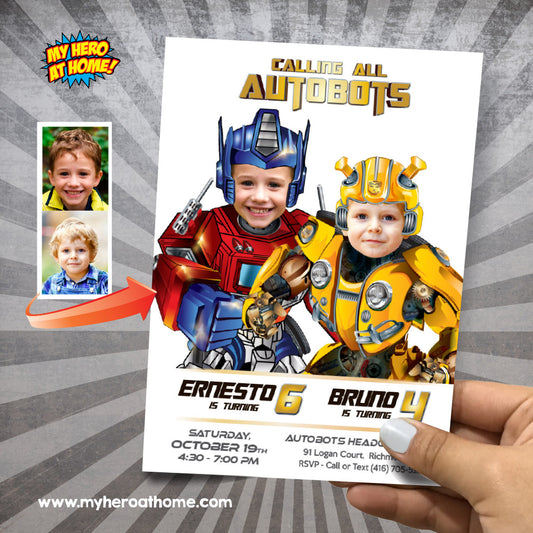 Joint Transformers Birthday Party Invitation with photos, Joint Autobots invitation, Transformers Siblings. 2032