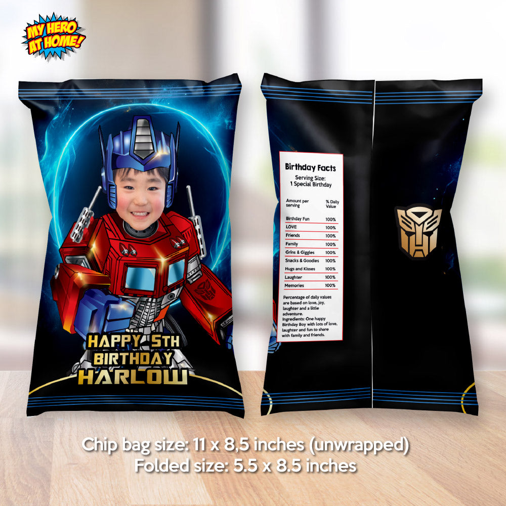 Optimus Prime chip bags party favors, Autobot Prime Chip Bag, Transformer Prime chip bags. 2042