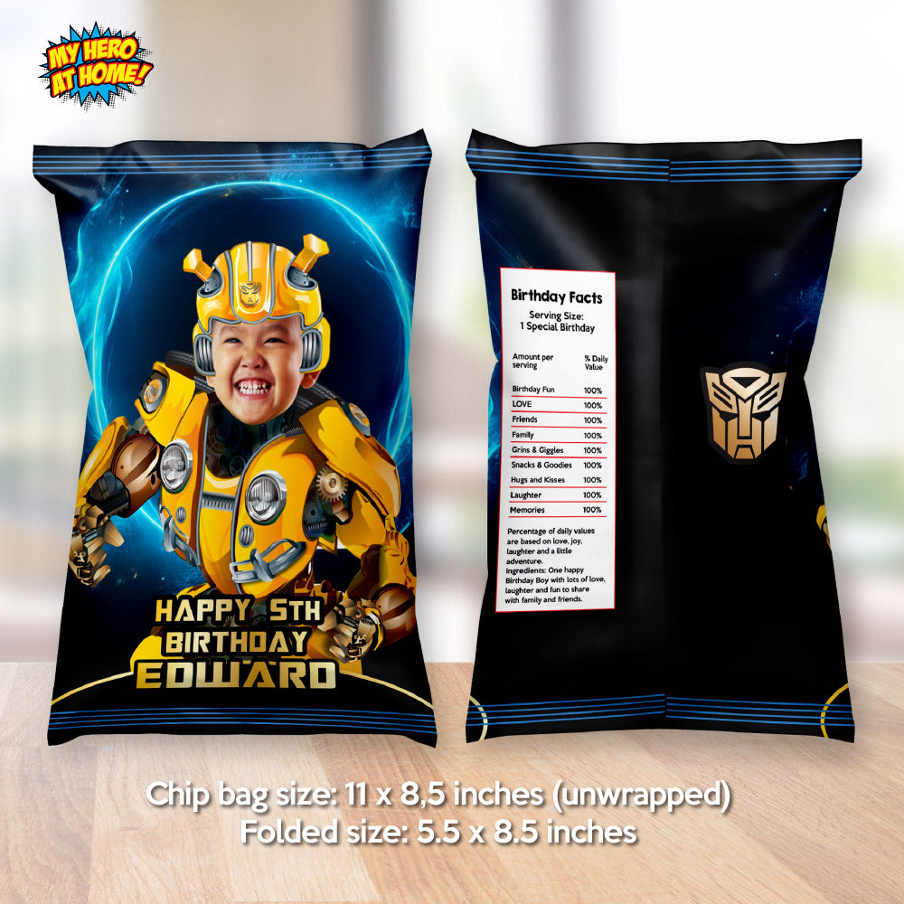 Bumblebee chip bags party favors with photo, Transformers Chip Bag label, Autobots chip bags. 2043