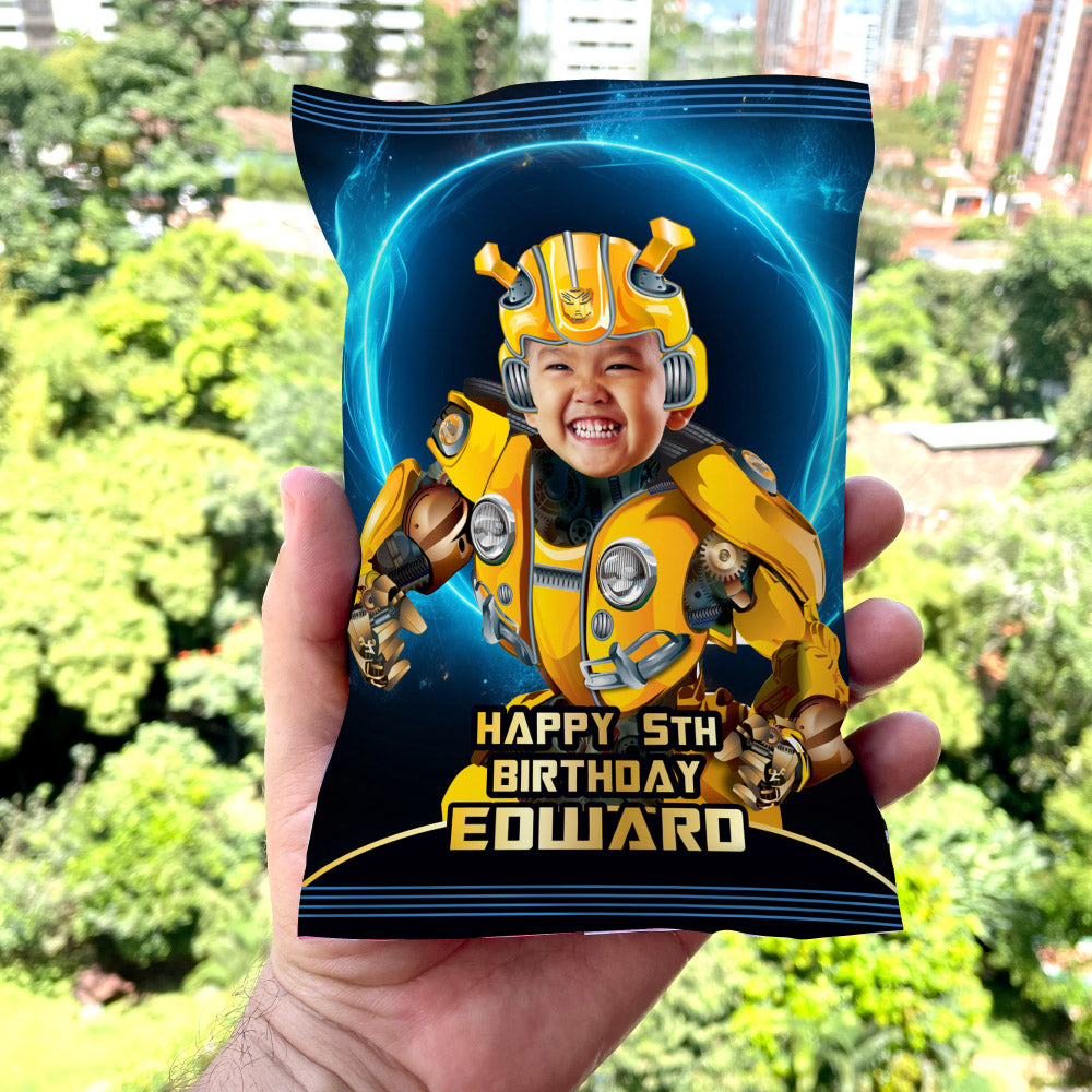 Bumblebee chip bags party favors with photo, Transformers Chip Bag label, Autobots chip bags. 2043