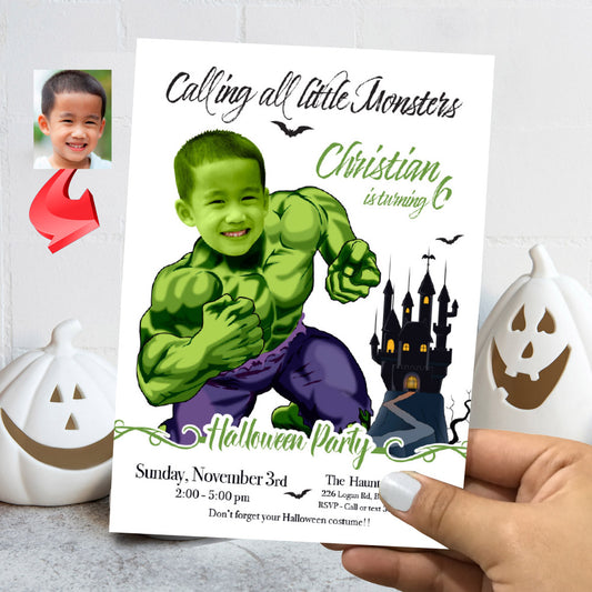 Hulk Halloween birthday Invitation with photo, Hulk Halloween party, Halloween Hulk halloween template. 2055
