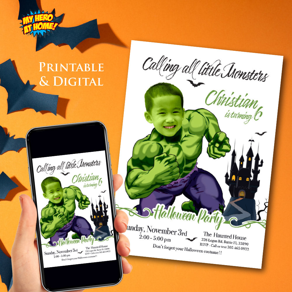 Hulk Halloween birthday Invitation with photo, Hulk Halloween party, Halloween Hulk halloween template. 2055