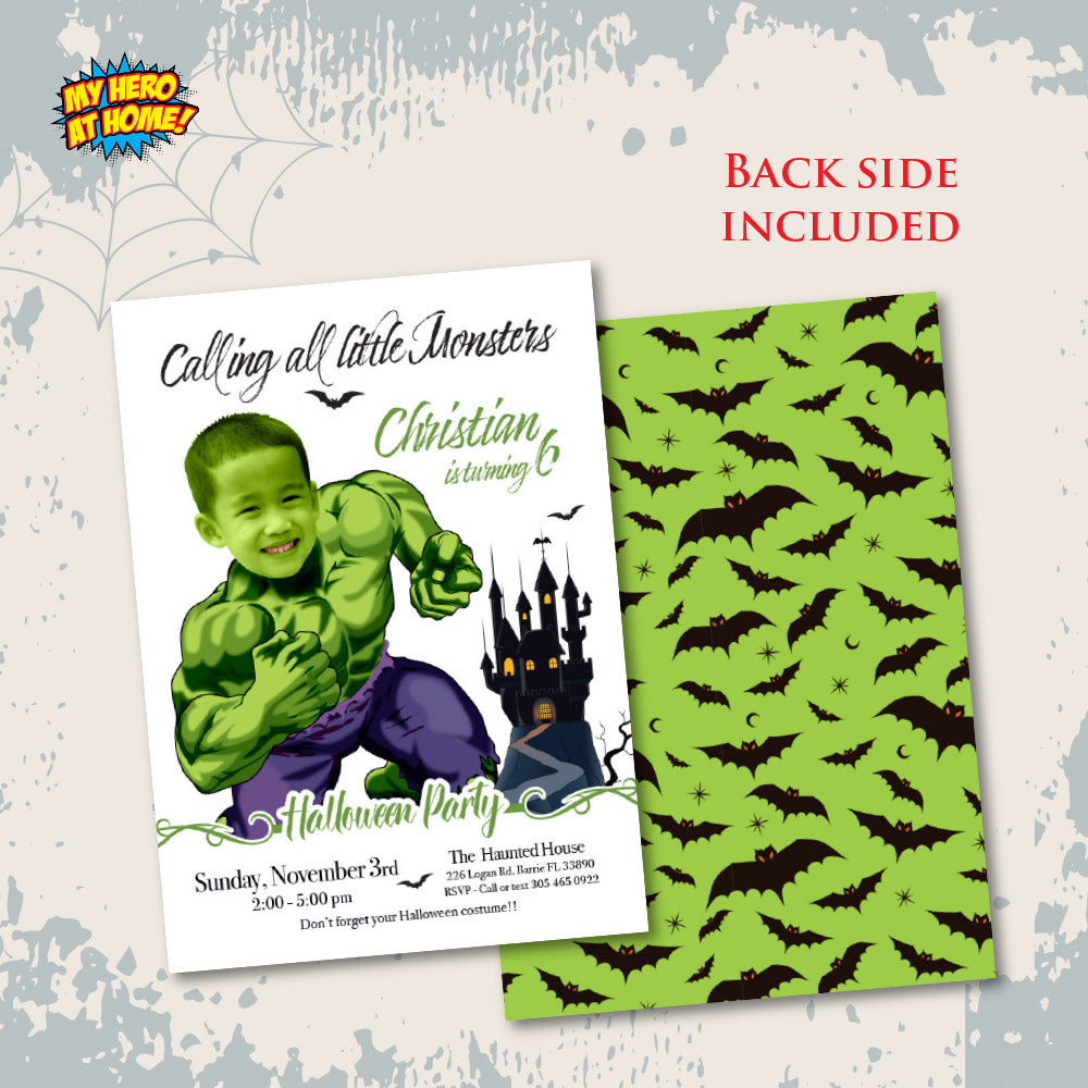Hulk Halloween birthday Invitation with photo, Hulk Halloween party, Halloween Hulk halloween template. 2055