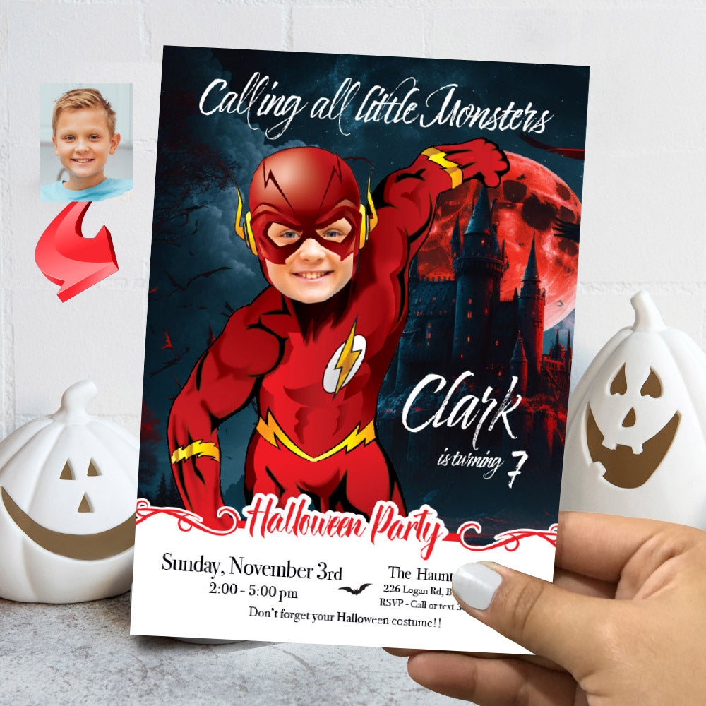 Turn your kid in the Flash to star his Halloween birthday party invite –  myheroathome
