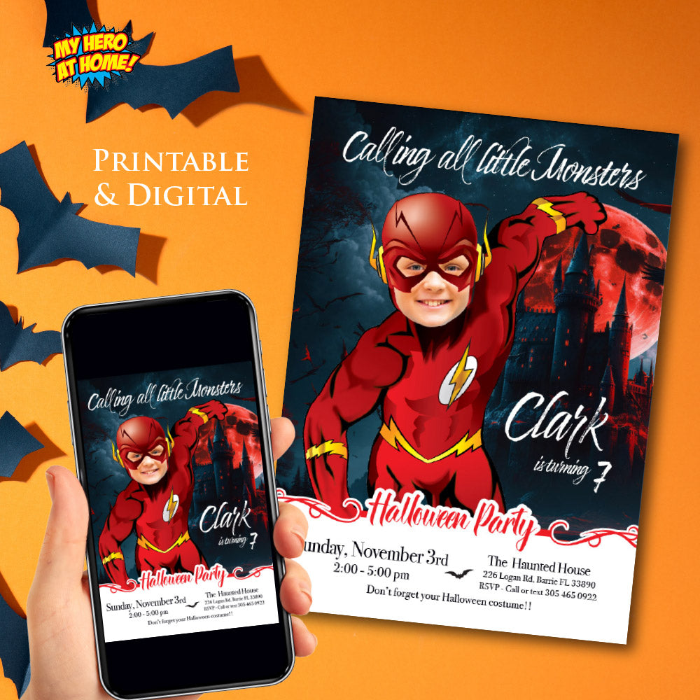 Flash Halloween themed party invitation, Flash birthday invitation Halloween party, Spooky Flash evite. 2071