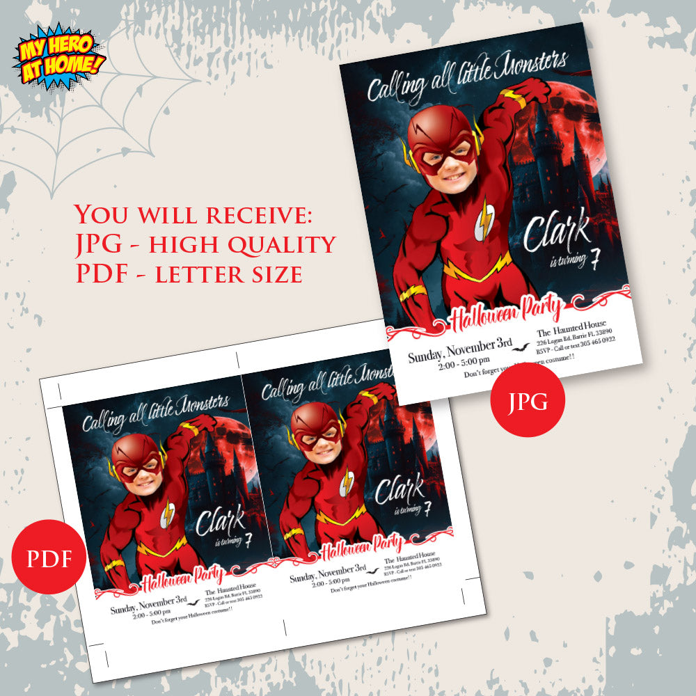 Flash Halloween themed party invitation, Flash birthday invitation Halloween party, Spooky Flash evite. 2071