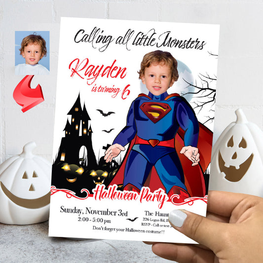 Superman Halloween birthday Invitation, Halloween Superman template, Superman invitation for Halloween party. 2072