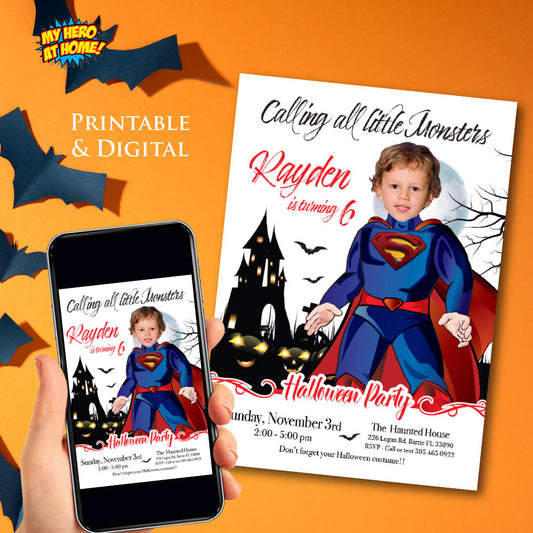 Superman Halloween birthday Invitation, Halloween Superman template, Superman invitation for Halloween party. 2072